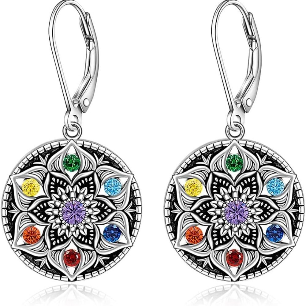 Sterling Silver Chakra Earrings Dangle Lotus Flower Yoga Jewelry Gift